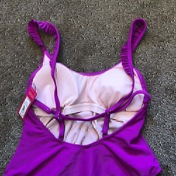 NEW NWT XHILARATION Ribbed Ruffle Shoulder One Piece Swimsuit Purple JRS Large - Picture 7 of 12